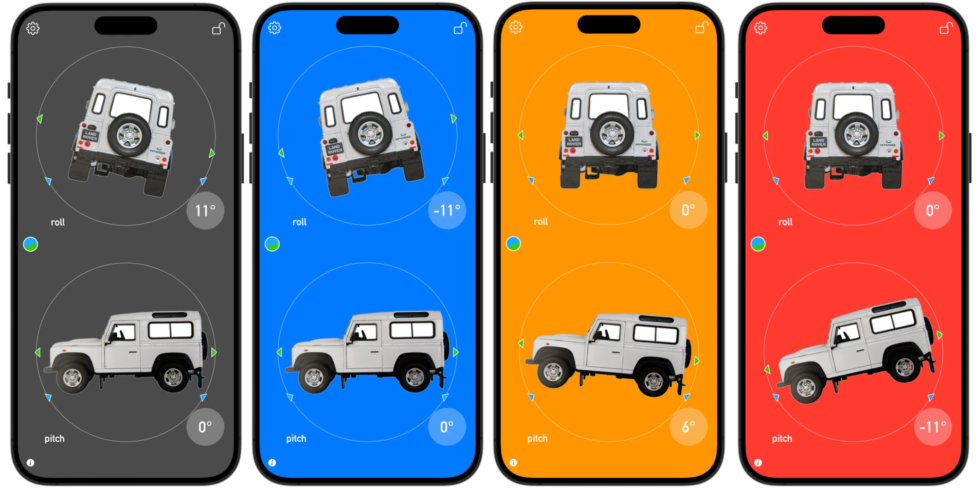 Inclinometer App for iPhone and iPad Customisable Inclinometer App for iPhone and iPad.
Choose between 8 different colours